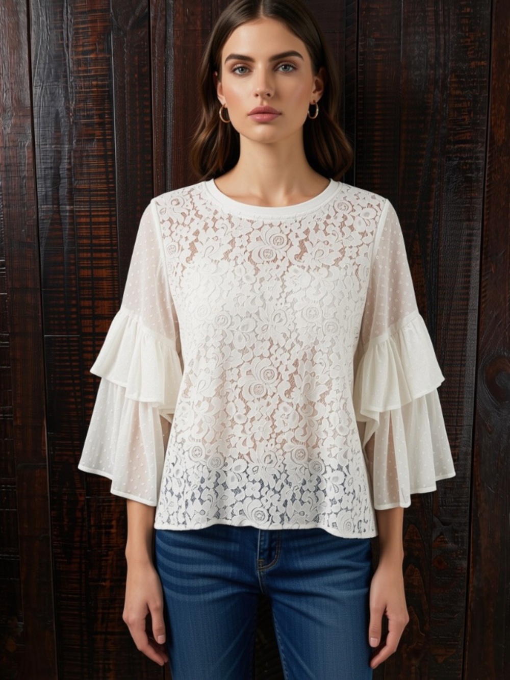 Kensie Romantic Boho White Lace Top Ruffled Sleeves Size Large - Picture 1 of 11